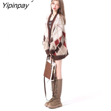 Yipinpay 2023 Winter Vintage Argyle Long Sleeve Women Knit Cardigan Korean Style Oversize Button Sweater Female Clothing Coat Tops